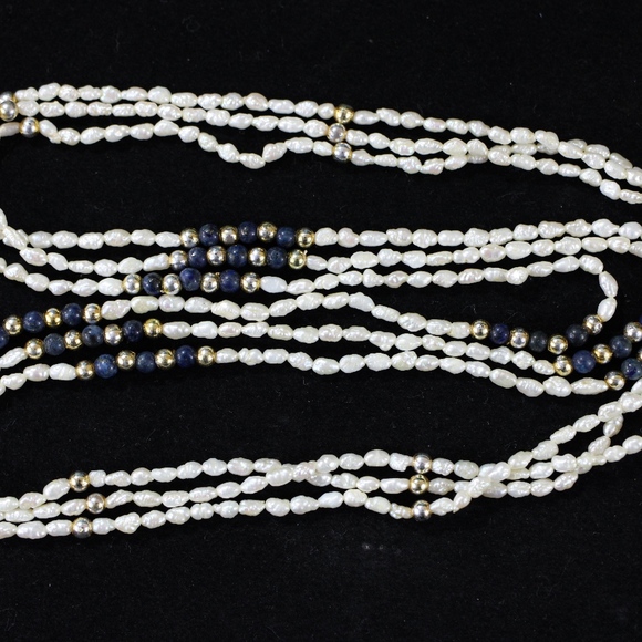White Seed Pearl Gold Lapis Necklace Bracelet Set - Picture 4 of 8